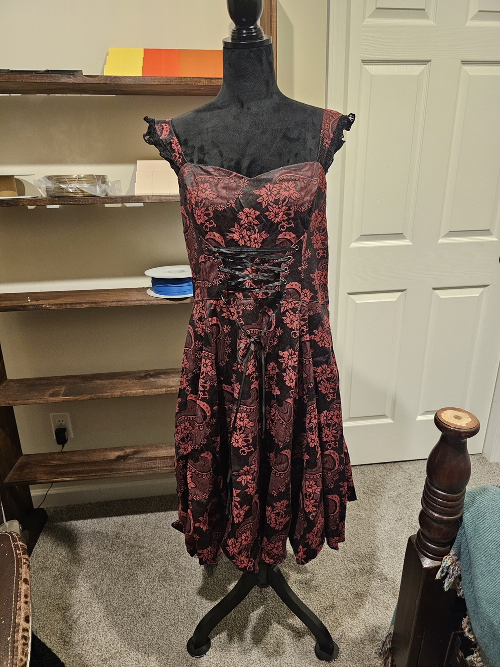Black Dress with Red Floral Lace-Up Bodice